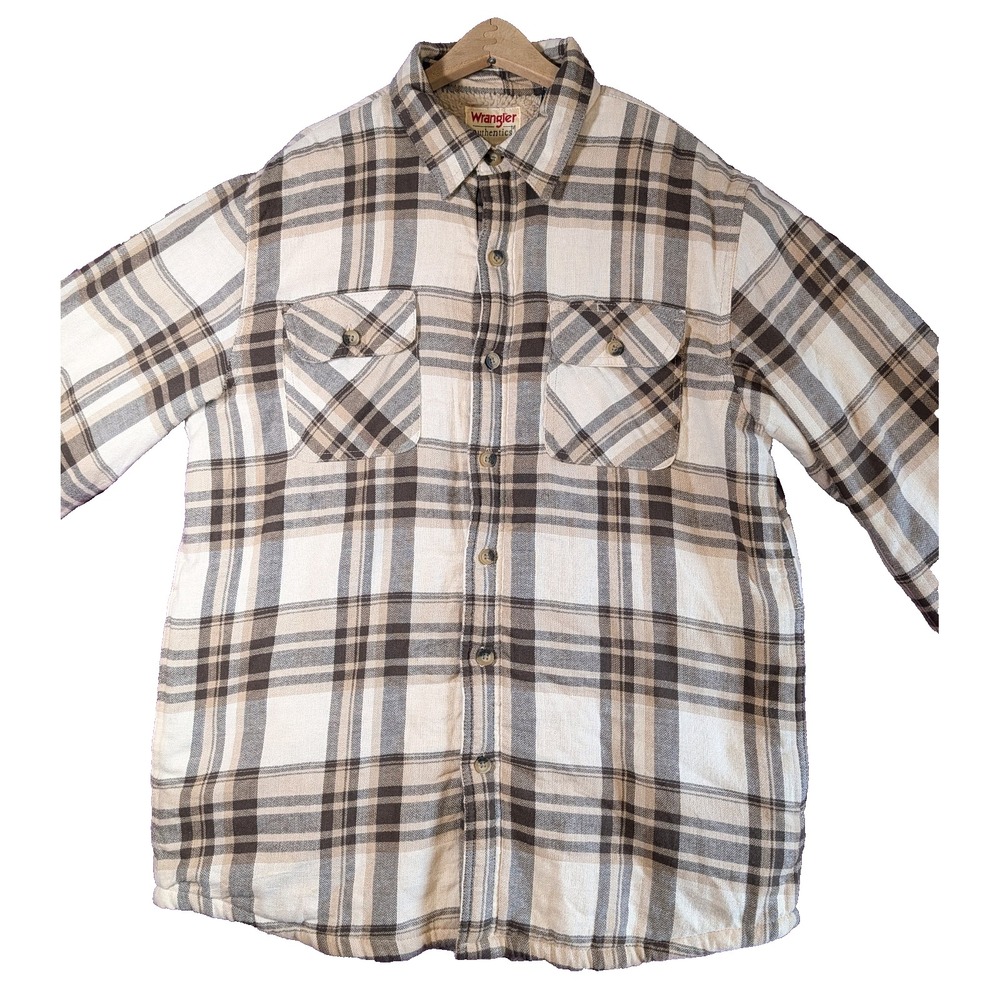 Wrangler Shirt Jacket Men's 50" Chest Plaid Sherpa Fleece Flannel Barn Coat Tan